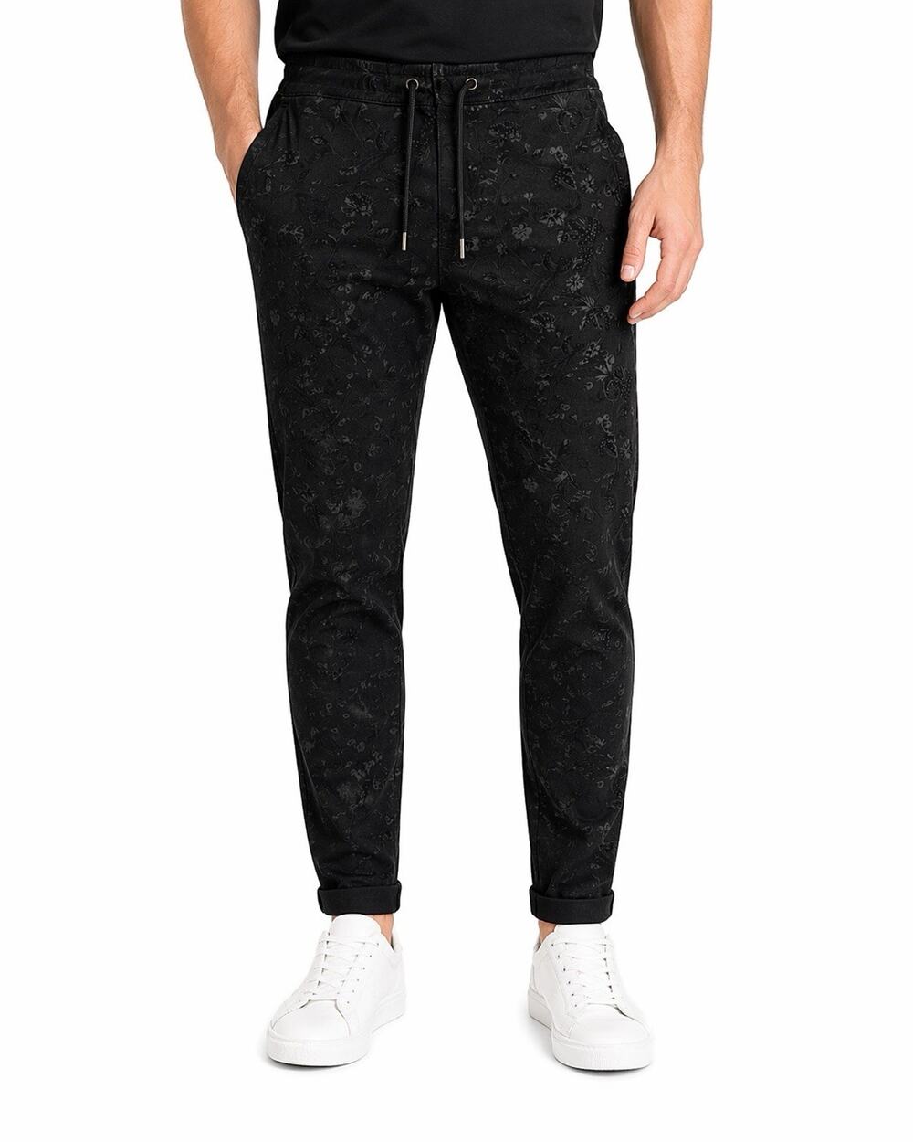 PAIGE Normandie Drawstring Pants Mens 30 Black Floral Print Jogger Stretch